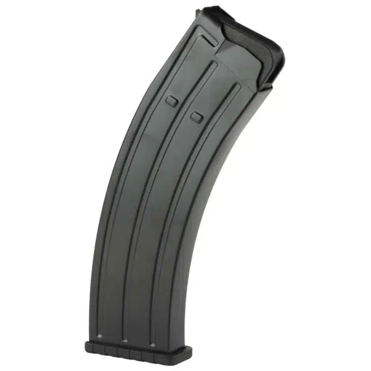 High-capacity curved polymer magazine for reliable firearm feeding and efficient tactical use.