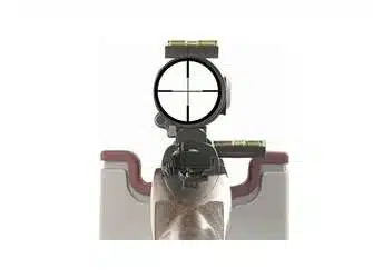 Precision rifle scope with illuminated crosshair and premium wood stock for accurate shooting.