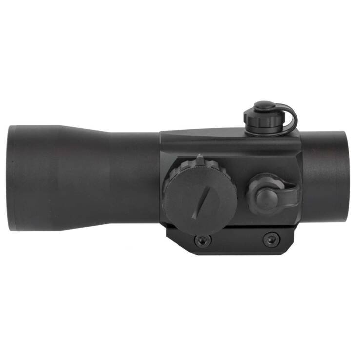 Compact tactical scope with windage adjustments, robust design, matte black finish, and versatile mounting options.
