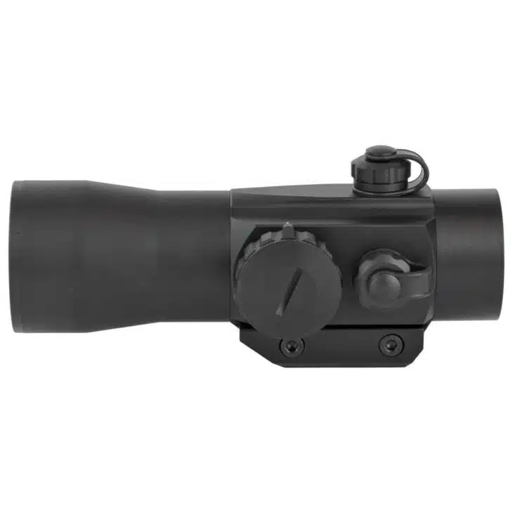 Compact tactical scope with windage adjustments, robust design, matte black finish, and versatile mounting options.