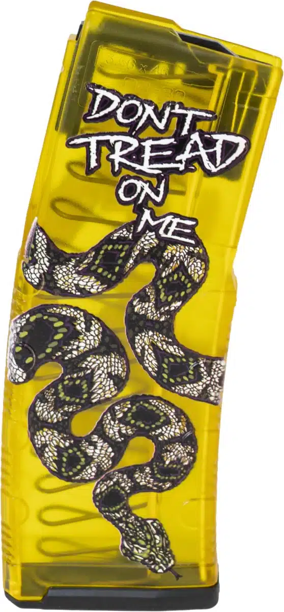 Vibrant yellow canister with striking Dont Tread on Me snake design for stylish storage.
