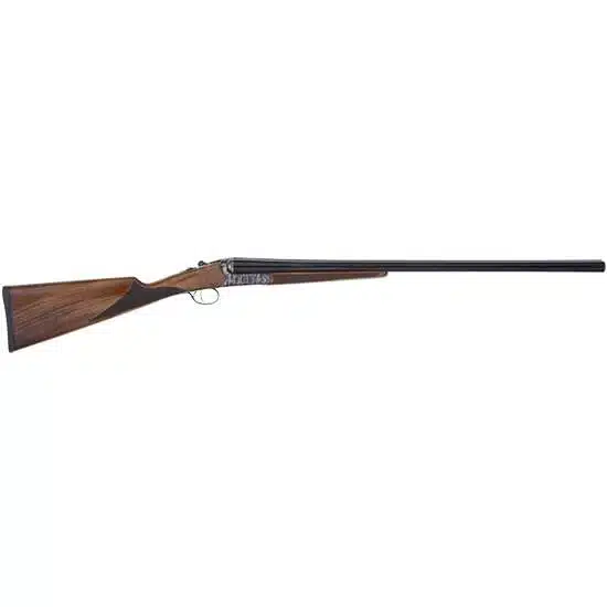 Sleek double-barrel shotgun with glossy finish and elegant hardwood stock, perfect for hunters.