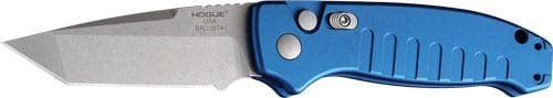 Vibrant blue folding knife with stainless steel blade and secure locking mechanism for safe use.