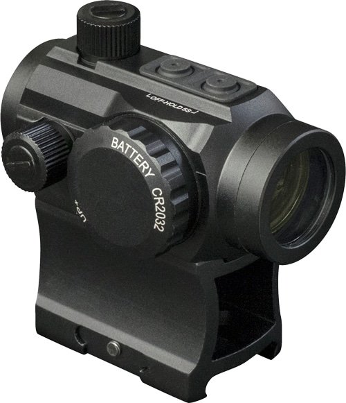 Compact red dot sight with adjustable brightness, durable design, and long-lasting CR2032 battery.