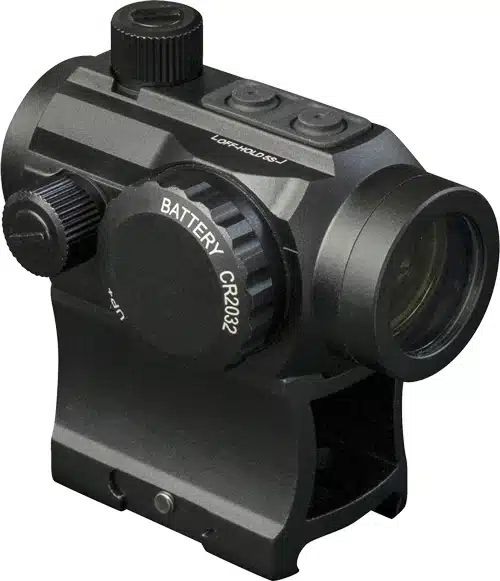Compact red dot sight with adjustable brightness, durable design, and long-lasting CR2032 battery.