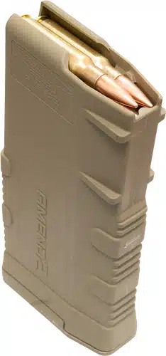 Tan tactical magazine for AR-15, designed for quick reloading and superior grip.