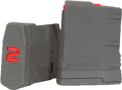 Gray and red 762MOD2 tactical magazine with textured grip, high-capacity design, and durable construction.