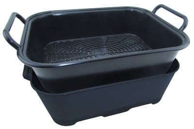 Durable black plastic storage containers with handles and drain insert for versatile organization.