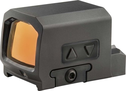 Durable compact reflex sight with adjustable brightness and wide tinted lens for accurate targeting.