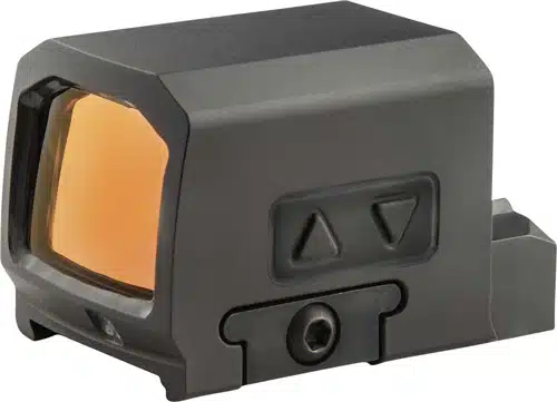 Durable compact reflex sight with adjustable brightness and wide tinted lens for accurate targeting.