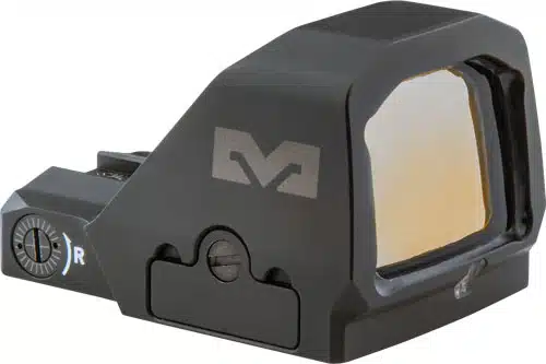 Compact red dot sight with adjustable knobs for precise aiming on rifles and handguns.