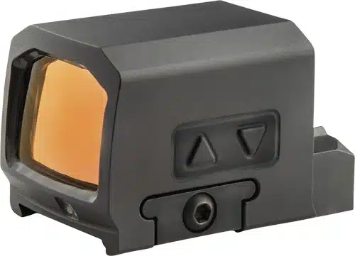 Lightweight red dot sight with adjustable brightness, wide lens, and durable matte finish for precision shooting.