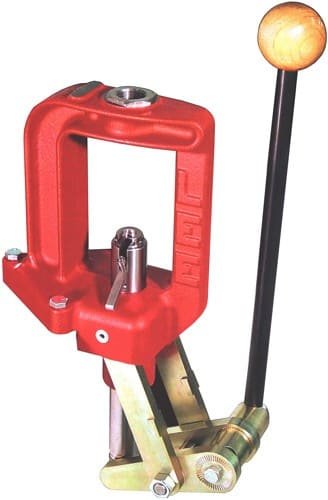 Durable red reloading press for precise, efficient ammunition loading with ergonomic handle and interchangeable dies.