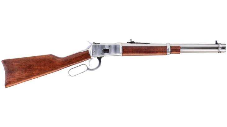 Elegant lever-action rifle with polished wood stock and blued steel barrel, perfect for collectors.