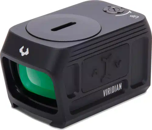 Viridian compact optic device with green lens for improved accuracy in shooting and hunting.