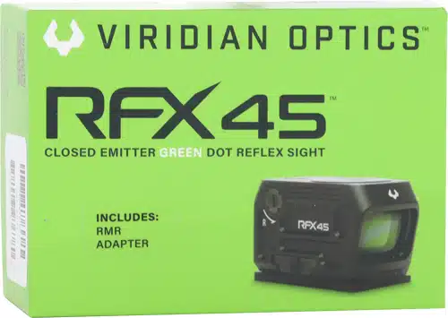 Viridian RFX 45 Closed Emitter Green Dot Reflex Sight for tactical shooting and hunting.