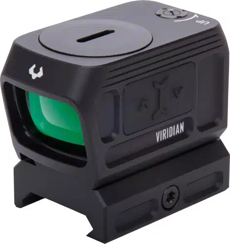 Viridian 9810059 Red Dot Sight: durable, green-tinted lens, adjustable brightness, versatile mounting for precision shooting.