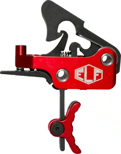 High-performance ELF two-stage trigger assembly with red anodized finish for enhanced shooting precision.
