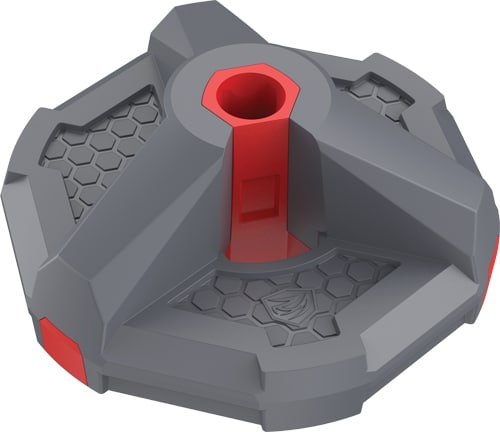 Modern octagonal weight plate with textured grip and red accents for superior workout performance.