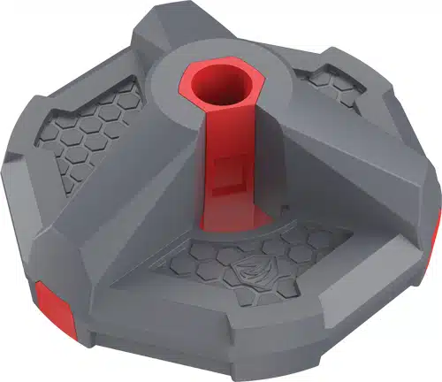 Modern octagonal weight plate with textured grip and red accents for superior workout performance.