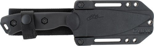 Durable black knife sheath with versatile belt loop, snap closure, and ventilation cutouts for outdoor use.