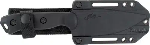 Durable black knife sheath with versatile belt loop, snap closure, and ventilation cutouts for outdoor use.