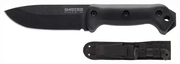 Versatile Tactical BK22 Knife with matte black blade and secure sheath for outdoor adventures.