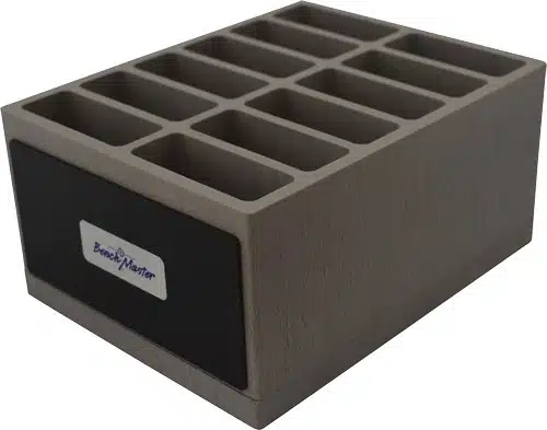 Versatile gray organizer with compartments and label area for tidy workspace storage.