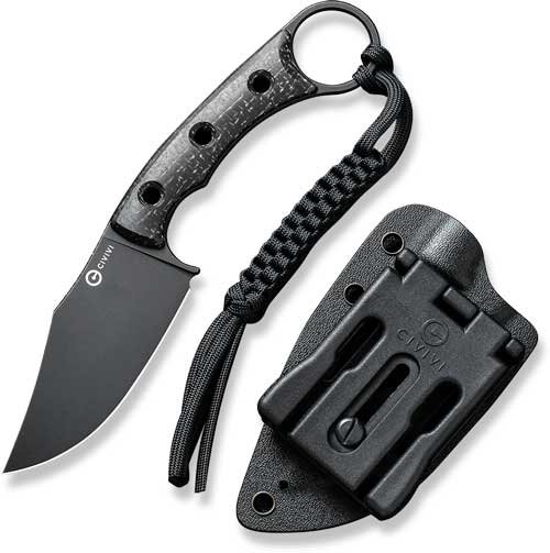 Durable compact tactical knife with ergonomic handle, sheath, and versatile paracord lanyard for outdoor use.