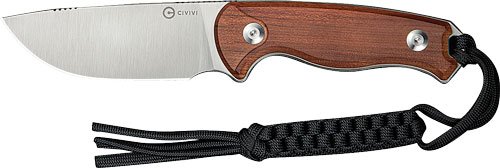 Stylish modern fixed-blade knife with stainless steel blade and wooden handle, perfect for outdoor use.