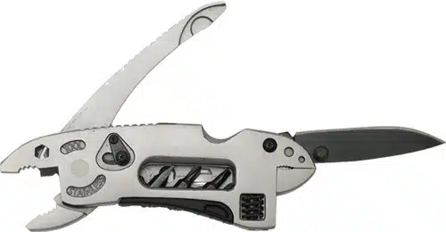 Compact stainless steel multi-tool with knife and grips, ideal for outdoor and DIY use.