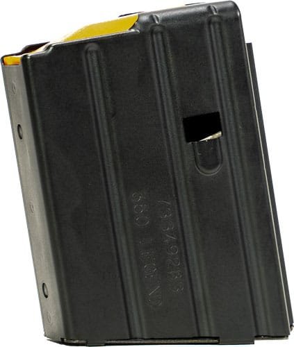 Durable black firearm magazine with yellow follower, designed for reliability and tactical performance.