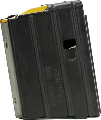 Durable black firearm magazine with yellow follower, designed for reliability and tactical performance.