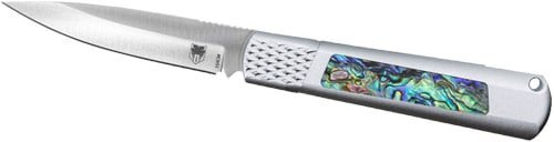 Elegant folding knife with polished stainless steel blade and vibrant mosaic inlay for collectors.