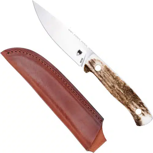 Sleek drop point knife with stag horn handle and durable leather sheath for outdoor adventures.