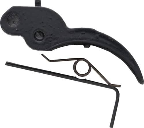 Essential trigger mechanism parts for firearms: trigger, metal spring, and securing rod components.