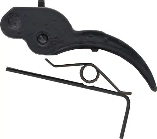 Essential trigger mechanism parts for firearms: trigger, metal spring, and securing rod components.