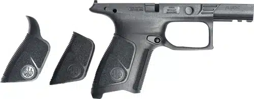 Modern semi-automatic pistol frame with customizable grip panels for enhanced comfort and control.