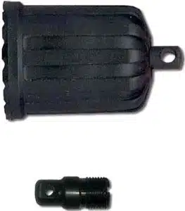 Durable plastic housing with grooves and threaded steel bolt for automotive applications and secure connections.