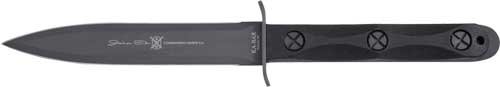 Sleek matte black utility knife with textured handle and crossguard for enhanced safety and grip.