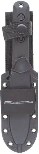 Durable black knife sheath with adjustable closures, ideal for camping, hiking, and outdoor activities.