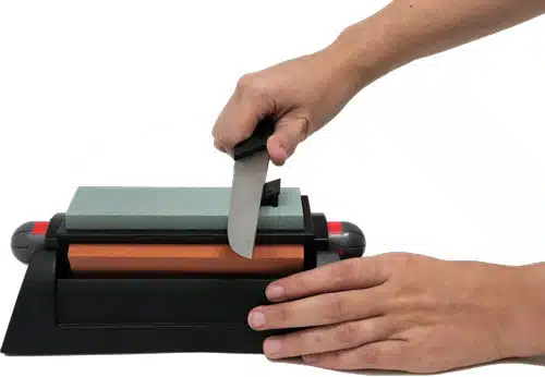 Knife sharpening tool with dual stones for precise kitchen knife maintenance and improved safety.