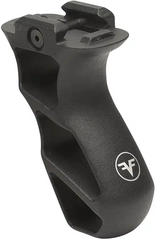 Durable ergonomic vertical foregrip for firearms, enhancing control and stability during shooting.