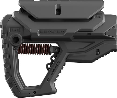 Futuristic adjustable tactical weapon stock with textured grip for enhanced control and comfort.
