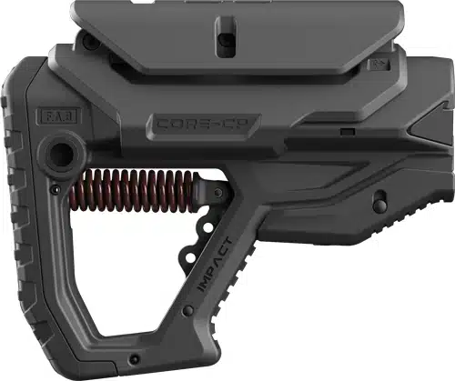 Futuristic adjustable tactical weapon stock with textured grip for enhanced control and comfort.