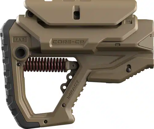 Sleek ergonomic firearm accessory in desert tan, featuring modular design and textured grip for control.