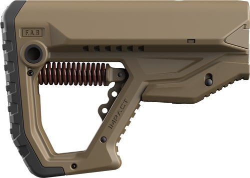 Adjustable tan tactical firearm stock with ergonomic design and textured grip for enhanced control.