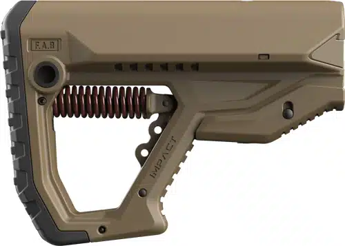 Adjustable tan tactical firearm stock with ergonomic design and textured grip for enhanced control.