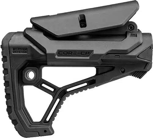 Adjustable tactical rifle stock with cheek riser, grip texture, and accessory rail for enhanced performance.