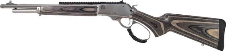 Sleek lever-action rifle with polished finish and ergonomic composite stock for optimal performance.